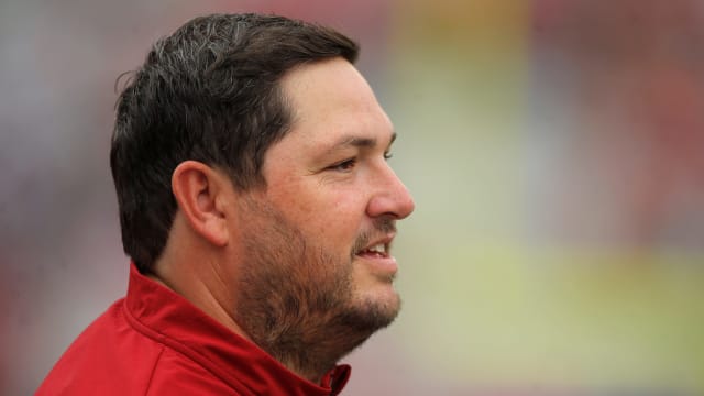 Offensive coordinator Jeff Lebby before the University of Oklahoma's annual spring football game at Gaylord Family-Oklahoma Memorial Stadium in Norman, Okla., Saturday, April 23, 2022. Ou Sooners Spring Football Game